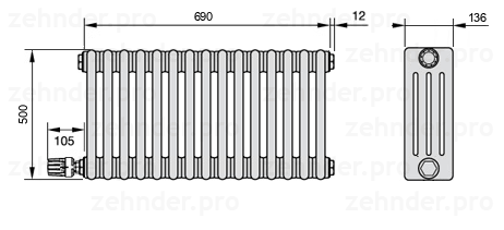 Схема (чертеж) Радиатор Zehnder Charleston 4050/15 №V004 Белый глянцевый RAL 9016